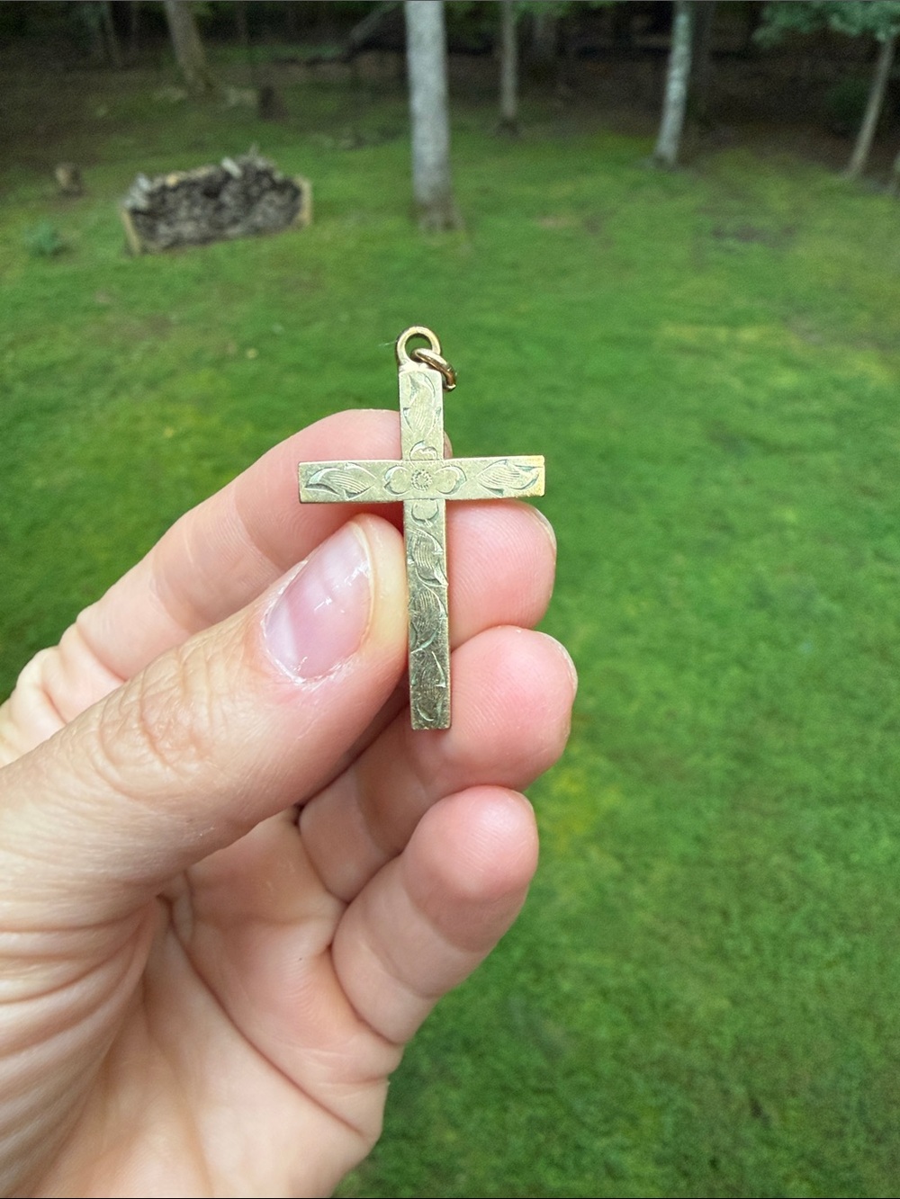 Vintage Gold Floral Engraved Cross Pendant